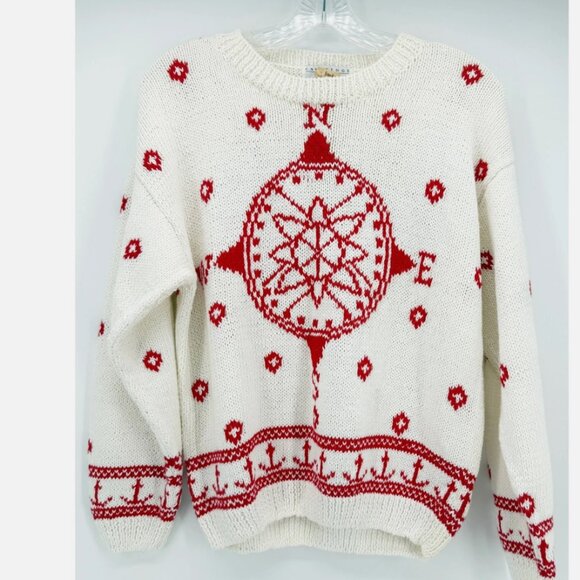 NWT VTG CAMBRIDGE Dry Goods Knit Sweater Nautical Compass Ornament Red & White S - Picture 1 of 8